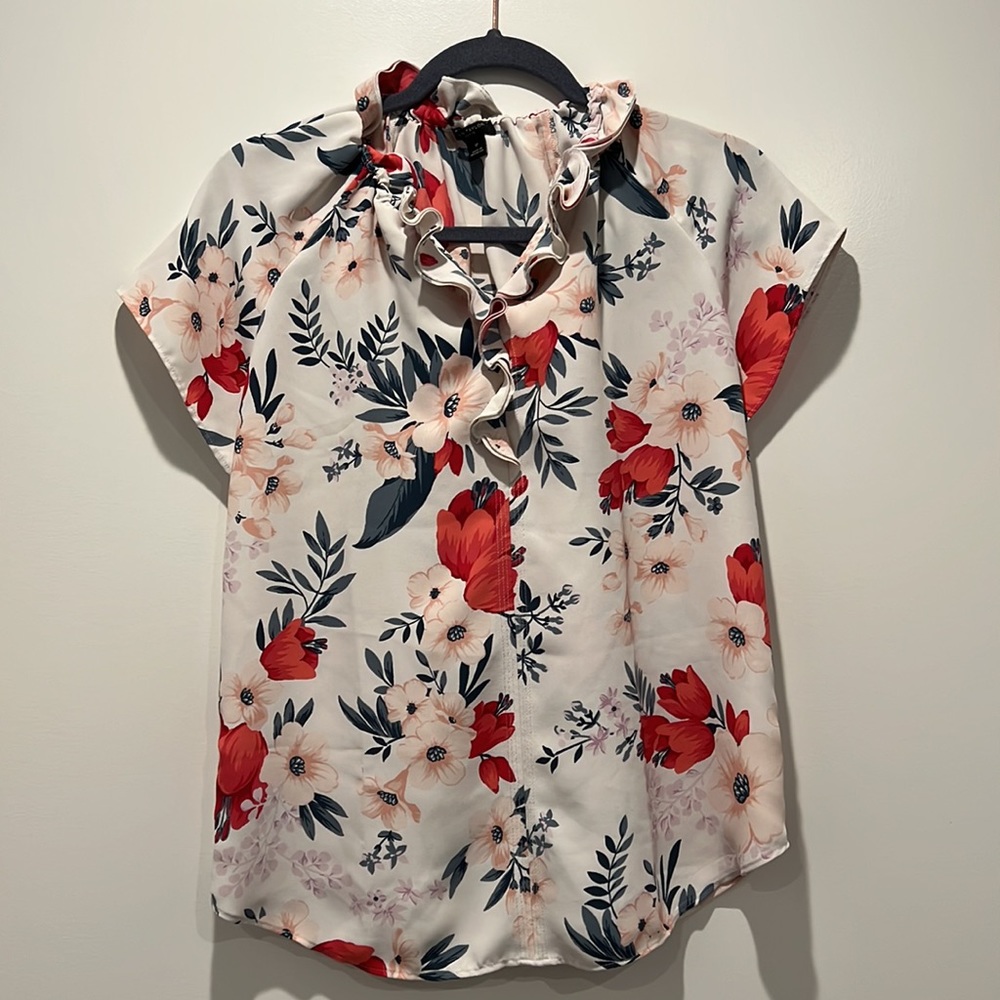 Ann Taylor Floral Ruffle Top, Red